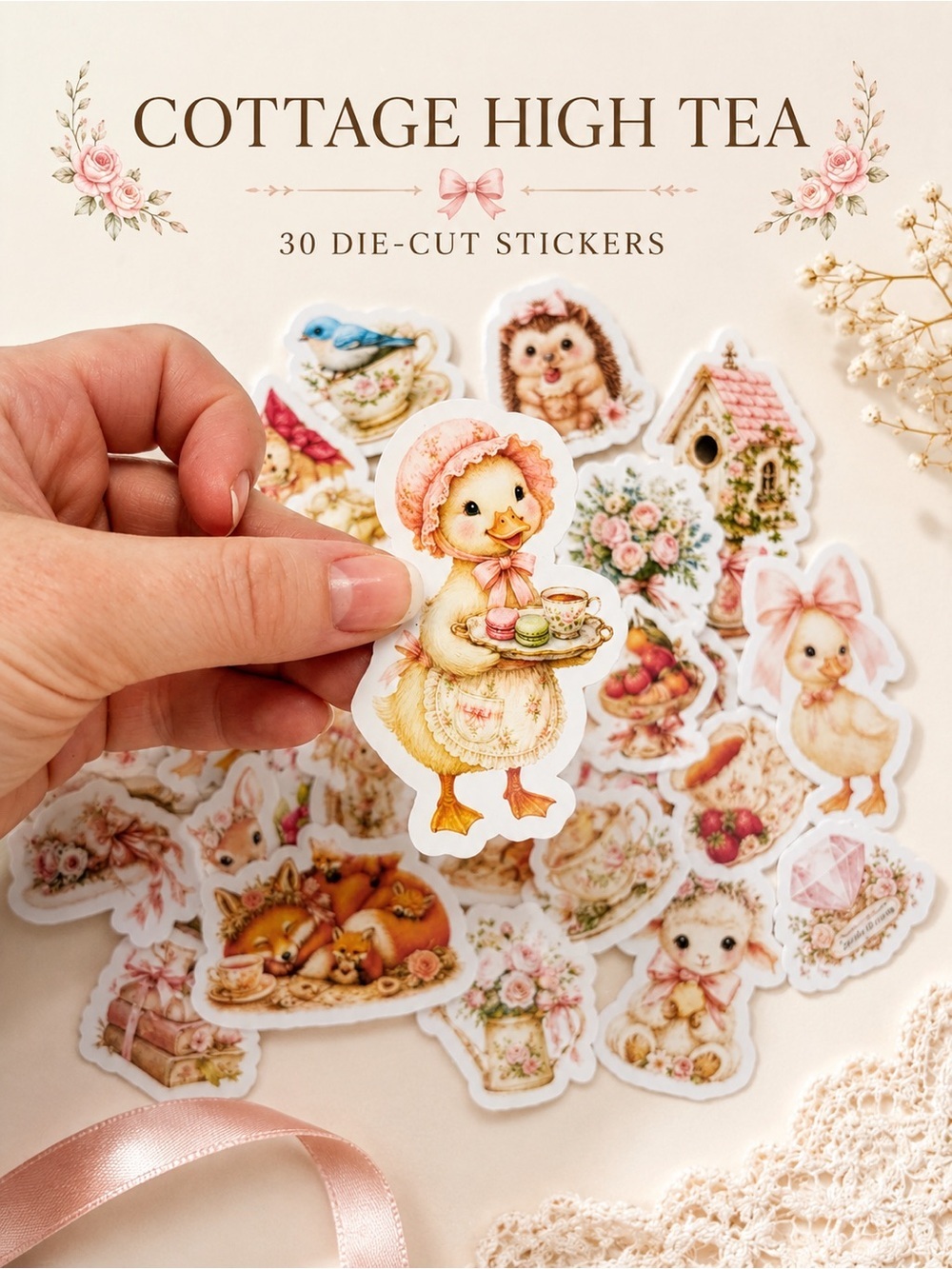 🆕 2 Packs/$30🪿🎀 Crafted Cottage Tea 30 Matte Sticker Pack + 1 Holo Gem Bonus